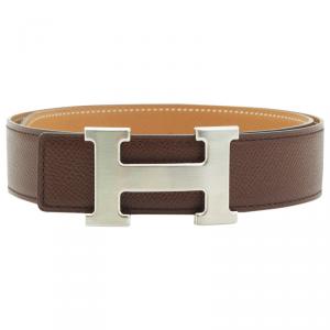 Hermes Brown and Tan Leather H Buckle Reversible Belt 65CM