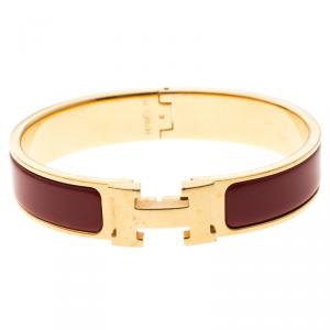 Pre Owned Hermes Clic Clac H Narrow Red Enamel Gold Plated Bracelet PM