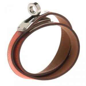 Pre Owned Hermes Kelly Double Tour Orange Leather Palladium Plated Wrap Bracelet PM