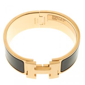 Pre Owned Hermes Clic Clac H Black Enamel Gold Plated Wide Bracelet PM