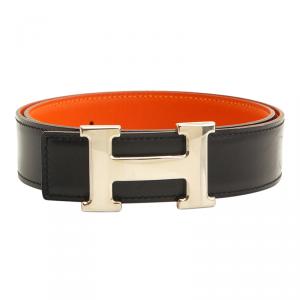 Pre Owned Hermes Black and Orange Leather H Buckle Reversible Belt 65CM