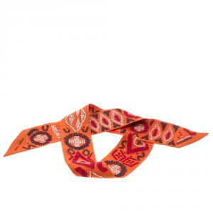 Pre Owned Hermes Orange Kelly en Perles Silk Twilly Scarf