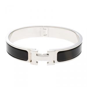 Pre Owned Hermes Clic Clac H Black Enamel Palladium Plated Narrow Bracelet