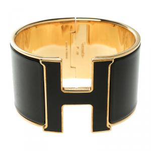 Pre Owned Hermes Clic Clac H Black Enamel Gold-Plated Extra Wide Bracelet PM