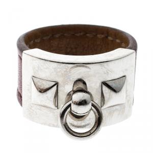 Pre Owned Hermes Collier de Chien Burgundy Leather Palladium Plated Ring  Size 58