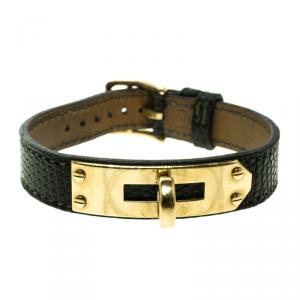 Pre Owned Hermes Green Lizard Skin Gold Plated Kelly Wristwatch Bracelet