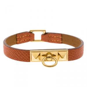 Pre Owned Hermes Micro Rivale Orange Leather Gold Plated Bracelet