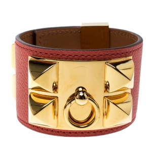 Pre Owned Hermès Collier de Chien Pink Epsom Leather Gold Plated Wide Cuff Bracelet