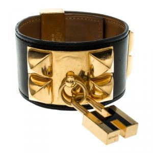 Pre Owned Hermès Collier de Chien Lock Black Leather Gold Plated Wide Cuff Bracelet