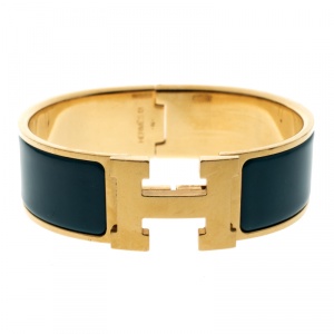 Pre Owned Hermes Clic Clac H Blue Enamel Gold Plated Wide Bracelet GM