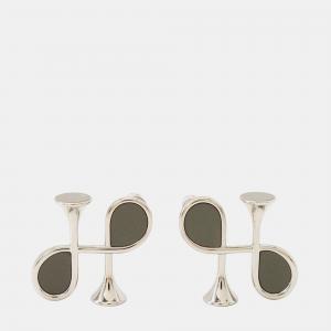 Pre Owned HERMES Col H Earrings Gray Swift Leather Metal