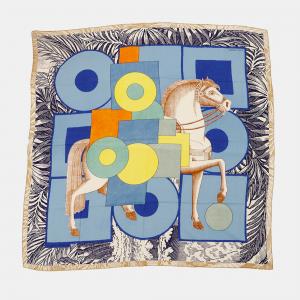 Pre Owned Hermes Giant Square Cavalier en Formes Size 140 Blue/White/Multicolor Cashmere70% Silk30%