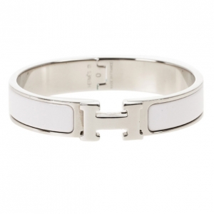 Pre Owned Hermes Clic Clac H White Enamel Palladium Plated Bracelet PM