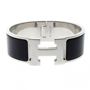 Pre Owned Hermes Clic Clac H Navy Blue Enamel Palladium Plated Wide Bracelet PM