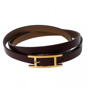 Pre Owned Hermes Hapi 3 Brown Leather Gold Plated Wrap Bracelet M