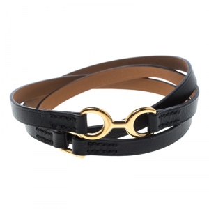 Pre Owned Hermes Dandy Pavane Black Leather Gold Plated Wrap Bracelet S