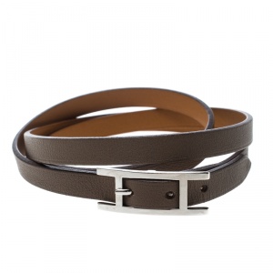 Pre Owned Hermes Hapi 3 Etoupe Leather Palladium Plated Wrap Bracelet S