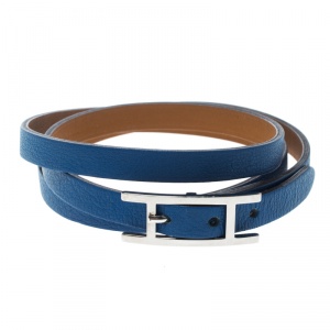 Pre Owned Hermes Hapi 3 Blue Leather Palladium Plated Wrap Bracelet S