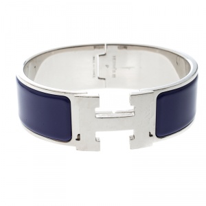 Pre Owned Hermes Clic Clac H Bleu Imperial Enamel Palladium Plated Wide Bracelet GM