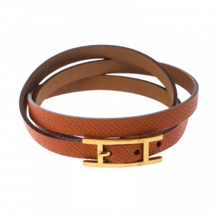 Pre Owned Hermes Hapi 3 Orange Leather Gold Plated Wrap Bracelet S