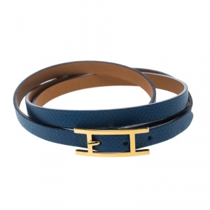 Pre Owned Hermes Hapi 3 Blue Leather Gold Plated Wrap Bracelet M