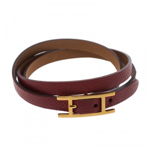 Pre Owned Hermes Hapi 3 Red Leather Gold Plated Wrap Bracelet S