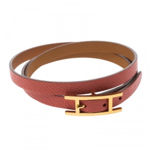 Pre Owned Hermes Hapi 3 Pink Leather Gold Plated Wrap Bracelet M