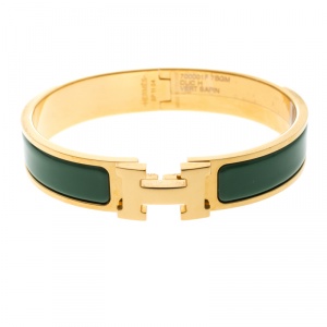 Pre Owned Hermes Clic Clac H Green Vert Sapin Enamel Gold Plated Narrow Bracelet GM