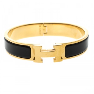Pre Owned Hermes Clic Clac H Black Enamel Gold Plated Narrow Bracelet PM
