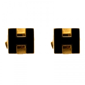 Pre Owned Hermes Cage d'H Black Lacquered Gold Plated Earrings