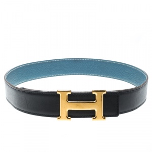 Pre Owned Hermès Black/Blue Leather Reversible Gold Metal Finished H Buckle Belt 75cm