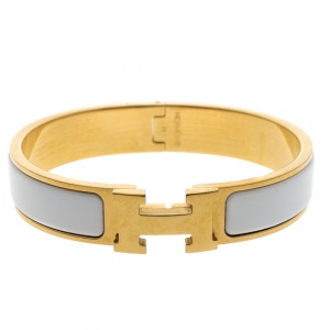 Pre Owned Hermes Clic Clac H White Enamel Gold Plated Narrow Bracelet PM