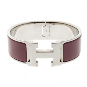 Pre Owned Hermes Clic Clac H Mauve Enamel Palladium Plated Wide Bracelet