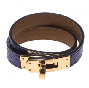 Pre Owned Hermes Kelly Double Tour Purple Leather Gold Plated Wrap Bracelet S