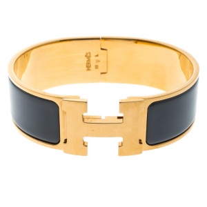 Pre Owned Hermes Clic Clac H Grey Enamel Gold Plated Wide Bracelet GM