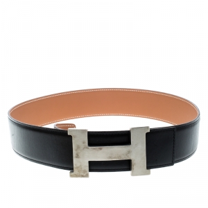 Pre Owned Hermes Black/Brown Box Calf Leather Reversible Constance Buckle Belt 75cm