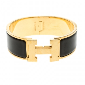 Pre Owned Hermes Clic Clac H Black Enamel Gold Plated Wide Bracelet PM