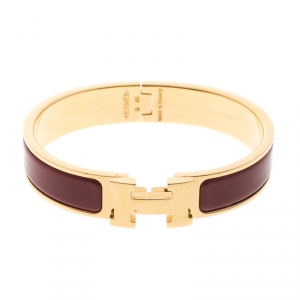 Pre Owned Hermes Clic Clac H Red Enamel Gold Plated Narrow Bracelet PM