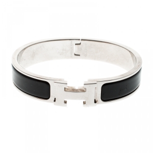 Pre Owned Hermes Clic Clac H Black Enamel Palladium Plated Bracelet PM