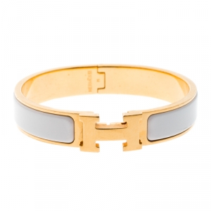 Pre Owned Hermes Clic Clac H Gold Tone White Enamel Narrow Bracelet PM