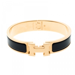 Pre Owned Hermes Clic Clac H Navy Blue Enamel Gold Plated Narrow Bracelet PM