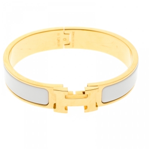 Pre Owned Hermes Clic Clac H White Enamel Gold Tone Narrow Bracelet PM