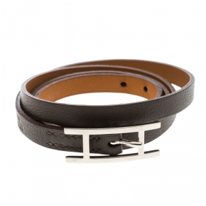 Pre Owned Hermes Hapi 3 Grey Leather Palladium Plated Wrap Bracelet S