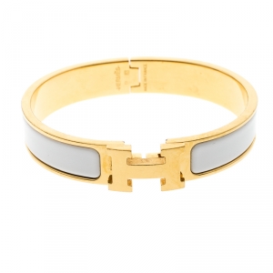 Pre Owned Hermes Clic Clac H White Enamel Gold Plated Narrow Bracelet PM