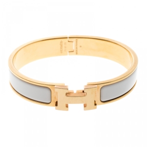 Pre Owned Hermes Clic Clac H White Enamel Rose Gold Plated Narrow Bracelet PM