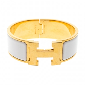 Pre Owned Hermes Clic Clac H White Enamel Gold Plated Wide Bracelet GM