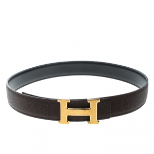 Pre Owned Hermes Dark Brown/Black Leather Gold Brushed Finished H Buckle Belt 85cm