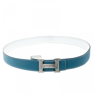 Pre Owned Hermes Sky Blue/White Leather Reversible Silver Brushed Finished H Buckle Belt 95cm