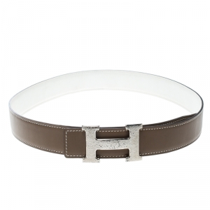 Pre Owned Hermès Taupe/White Leather Reversible Silver Hammered Finished H Buckle Belt 80cm