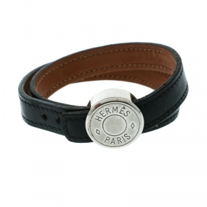 Pre Owned Hermes Black Looping Interchangeable Leather Palladium Plated Bracelet